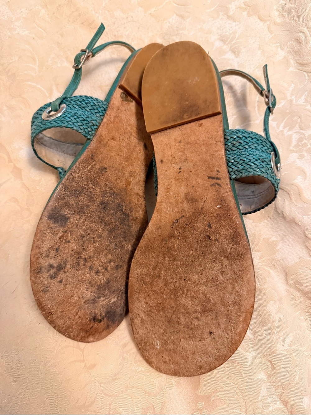 Stuart Weitzman Braided Teal Leather Thong Sandals - Picture 5 of 6